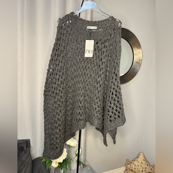 Grand Poncho Zara Knit Gris Et Noir - Taille M/L - Très Bon état